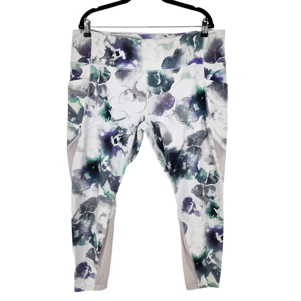Athleta Mudra Blue Watercolor Side Pocket Floral 7/8 Leggings Size 1X